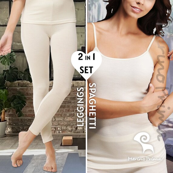 2 Piece Set Leggings & Spaghetti Top - Womens Merino Wool Underwear - Thermal Base Layer - Tights Pants + Camisole Undershirt - Gift for Her