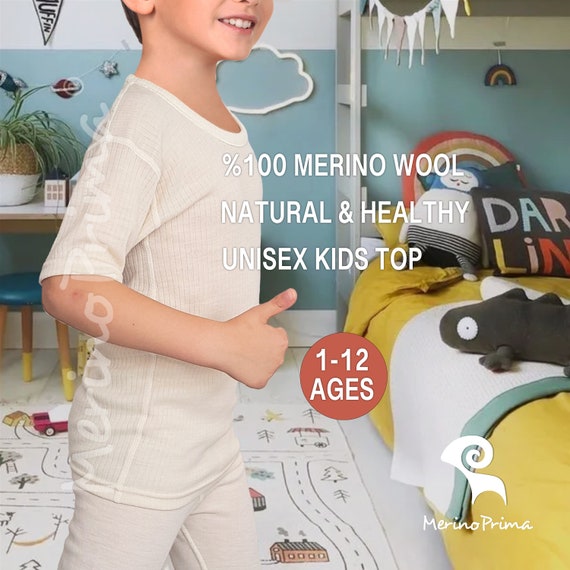 Natural Merino Wool T-Shirt for Kids - Unisex Thermal Base Layer for Baby Girl & Boy - Organic Toddler Underwear 4 Children - Back to School
