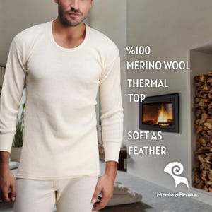 Natural %100 Merino Wool Long Sleeve Shirt - Mens Holiday Pajamas Top Soft Henley - Thermal Underwear - Undershirt Base Layer - Gift for Him