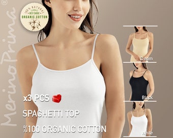 3er Pack > 100% Bio-Baumwolle Spaghetti-Trägern - Natürliches Slip Tank Top für Frauen - Premium Vielseitiges Basic Leibchen - Sommer Unterwäsche