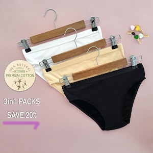 Pack of 3 &gt; 100% Natural Cotton Womens Underwear Panties - Breathable Everyday Intimates - Bikini Cut Lingerie - Soft Undergarment Briefs