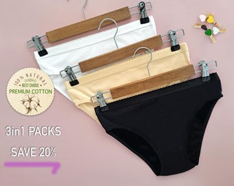 Pack of 3 > 100% Natural Cotton Womens Underwear Panties - Breathable Everyday Intimates - Bikini Cut Lingerie - Soft Undergarment Briefs