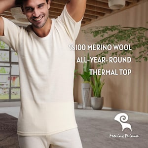 Natural %100 Merino Wool Half Sleeve Shirt - Mens Holiday Pajamas Top Soft Henley - Thermal Underwear - Undershirt Base Layer - Gift for Him