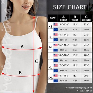 May include: Size chart for a white tank top with measurements in inches and centimetres. The chart shows the chest, waist, and length measurements for sizes XS, S, M, L, XL, and XXL.
