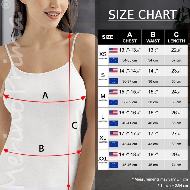 May include: Size chart for a white tank top with measurements in inches and centimetres. The chart shows the chest, waist, and length measurements for sizes XS, S, M, L, XL, and XXL.