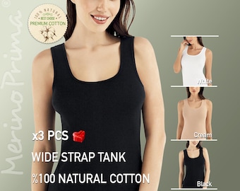 Pack of 3 > 100% Natural Cotton Wide Strap Tank Top - Natural Slip Cami 4 Women - Sleeveless Hi-Quality Versatile Camisole Summer Underwear