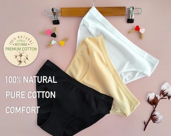 100% Natural Cotton Womens Underwear Panties - Breathable Everyday Intimates - Bikini Cut Lingerie - Soft Undergarment - Basic Comfy Briefs