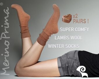 2 Pairs Set of Knitted Wool Socks for Women - Lambs Wool Winter Socks for Her - Comfortable Seamless Crew Socks - Casual Warm Soft & Thick