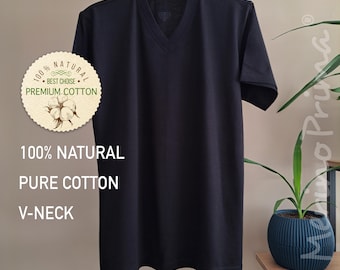 100% Natural Cotton V-Neck T-shirt for Men - Breathable Basic Underwear - Premium Base Layer - Mens Holiday Pajamas Top - Soft Loungewear