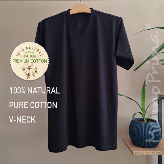 100% Natural Cotton V-Neck T-shirt for Men - Breathable Basic Underwear - Premium Base Layer - Mens Holiday Pajamas Top - Soft Loungewear