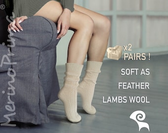 2 Pairs Set of Knitted Wool Socks for Women - Lambs Wool Winter Socks for Her - Comfortable Seamless Crew Socks - Casual Warm Soft & Thick
