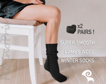 2 Pairs Set of Knitted Wool Socks for Women - Lambs Wool Winter Socks for Her - Comfortable Seamless Crew Socks - Casual Warm Soft & Thick
