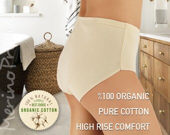 100% Organic Cotton High Waist Panty for Women - Natural Breathable High Rise Premium Underwear - Plus Size 2XL 3XL Lingerie Summer Briefs