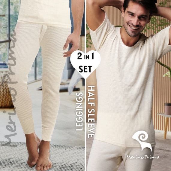 Gift for Him - %100 Merino Wool Mens T-Shirt & Leggings Pajamas Set Underwear - Husband Father Dad Grandpa Birthday Retirement Anniversary