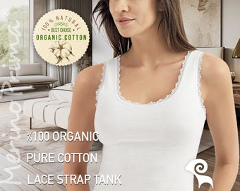 100% Organic Cotton Lace Trim Cami - Natural Slip Tank Top 4 Women - Premium Quality Versatile Basic Camisole Sleeveless Layering Underwear