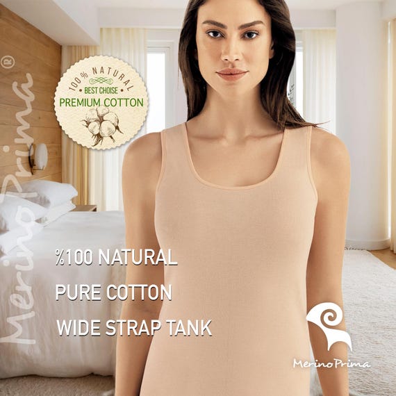 100% Natural Cotton Wide Strap Tank Top - Natural Slip Cami 4 Women - Premium Quality Versatile Basic Camisole Sleeveless Layering Underwear