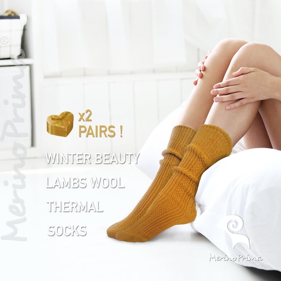 2 Pairs Set of Knitted Wool Socks for Women - Lambs Wool Winter Socks for Her - Comfortable Seamless Crew Socks - Casual Warm Soft & Thick
