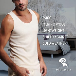 May include: Cream-colored merino wool tank top and underwear set. The image includes text that reads: "%100 Merino Wool, Lightweight, Shield Against Cold Weather." The Merino Prima logo is also visible.
