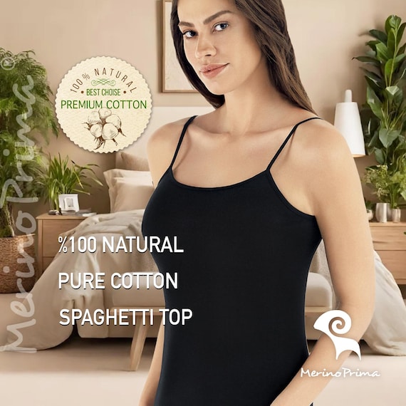 100% Natural Cotton Spaghetti Strap Cami Top - Natural Slip Tank for Women - Premium Quality Versatile Basic Camisole - Layering Underwear B