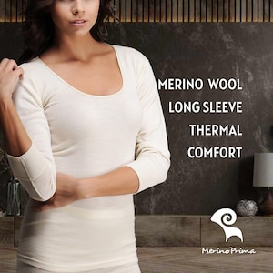 Merino Wool Long Sleeve Shirt for Women - Natural Thermal Top Underwear - Base Layer Undershirt - Soft Warm Undergarment Tank Gift for Her