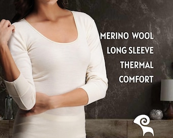Merino Wool Long Sleeve Shirt for Women - Natural Thermal Top Underwear - Base Layer Undershirt - Soft Warm Undergarment Tank Gift for Her