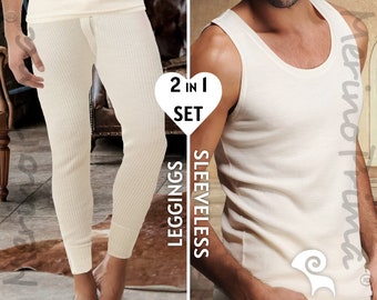 2 Piece Set %100 Merino Wool Tank Top & Leggings - Mens Holiday Pajamas - Long Johns Sleeveless Shirt - Underwear Base Layer - Gift for Him