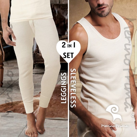 2 Piece Set %100 Merino Wool Tank Top & Leggings - Mens Holiday Pajamas - Long Johns Sleeveless Shirt - Underwear Base Layer - Gift for Him