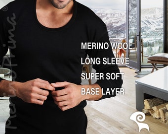 Gift for Him - Merino Wool Long Sleeve Shirt - Mens Henley Thermal Underwear Top Husband Father Dad Grandpa Birthday Retirement Anniversary