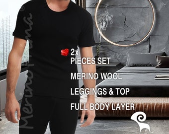 2 Piece Set Merino Wool Half Sleeve Shirt & Leggings - Mens Holiday Pajamas - Black Henley + Long Johns - Underwear Base Layer Gift for Him