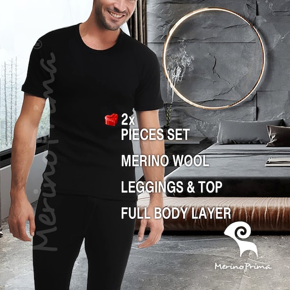 2 Piece Set Merino Wool Half Sleeve Shirt & Leggings - Mens Holiday Pajamas - Black Henley + Long Johns - Underwear Base Layer Gift for Him