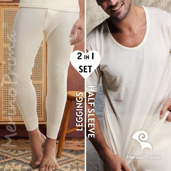 Gift for Him - Merino Wool Mens T-Shirt & Leggings Pajamas Set Thermal Underwear Husband Father Dad Grandpa Birthday Retirement Anniversary