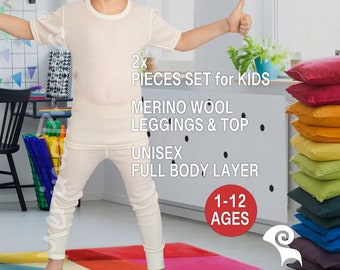 2 Piece Set for Kids Leggings & T-Shirt - Natural Merino Wool Unisex Shirt + Toddler Pants - Thermal Base Layer Children Underwear Girl Boy