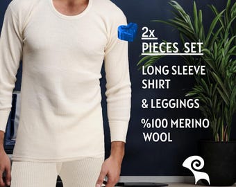 2 Piece Set %100 Merino Wool Long Sleeve Shirt & Leggings - Mens Holiday Pajamas - Henley + Long Johns - Underwear Base Layer - Gift for Him