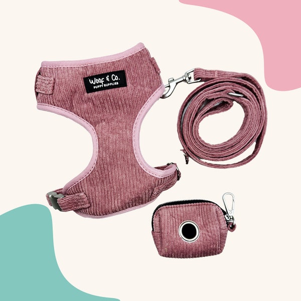 Dog Harness Set l Adjustable Harness + Collar + Leash + Poop Bag Holder Bundle | Pink Harness Corduroy | No Pull Harness Set | Puppy Gift