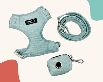 Ensemble de harnais pour chien en velours côtelé bleu clair : anti-traction, laisse et sac à crottes