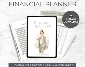 Puede incluir: Un planificador financiero todo en uno con el texto "FINANCIAL PLANNER" y "Finance PLANNER". La imagen incluye una tableta, un cuaderno de espiral y un rastreador de pago de facturas. El planificador está disponible como descarga digital o imprimible.