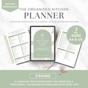 May include: An organised kitchen planner with a step-by-step guide to a simple, stylish, and stocked kitchen. The planner includes checklists for kitchen essentials, and comes in two sizes: A4 and US. The planner has 5 pages.