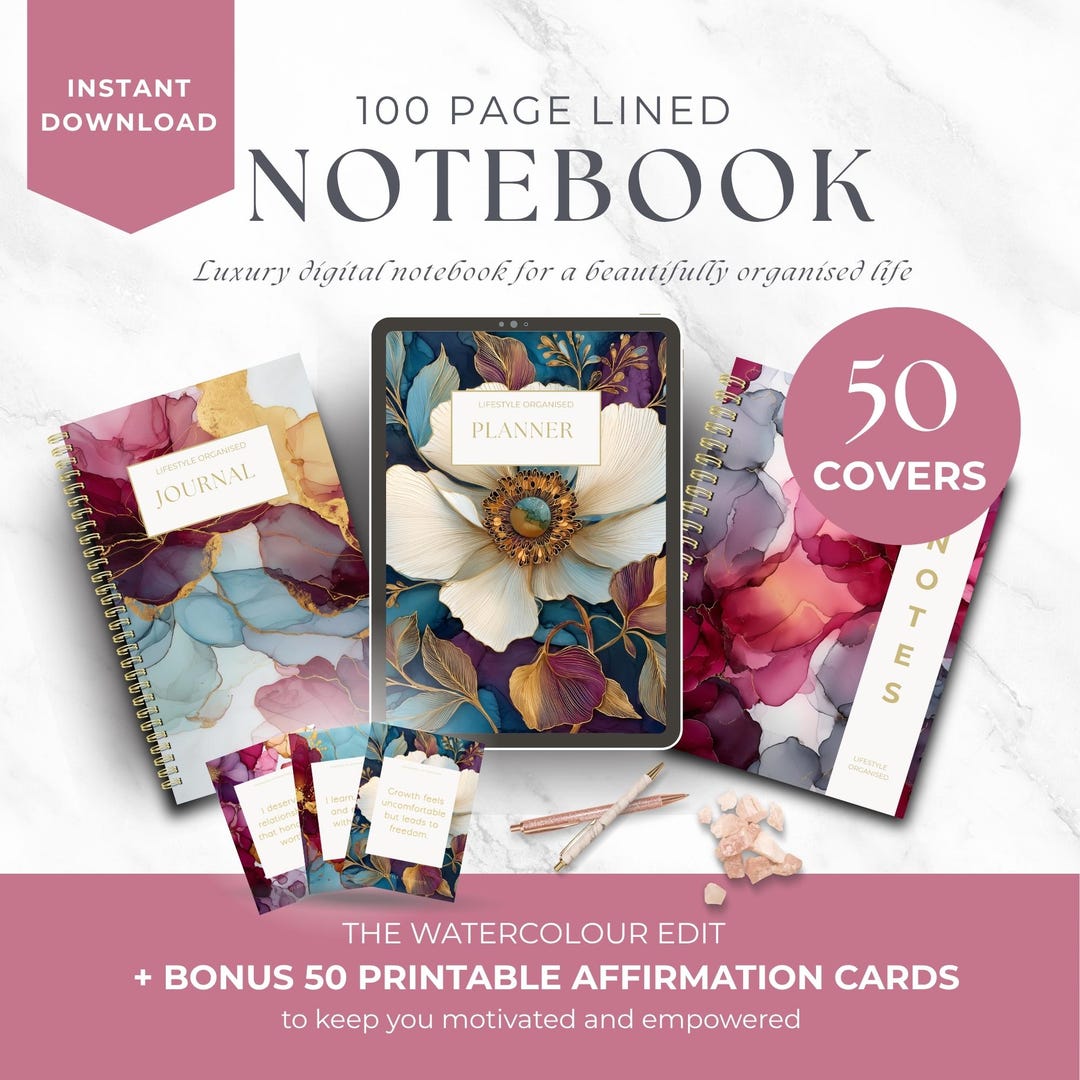 Watercolour Digital Notebook Printable Lined Notebook 50 Artistic ...