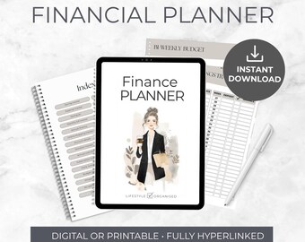Puede incluir: Un planificador financiero digital o imprimible con el texto "All-In-One FINANCIAL PLANNER". El planificador incluye una tableta con "Finance PLANNER" en la pantalla, un cuaderno de espiral y una hoja de presupuesto semanal. El planificador está totalmente enlazado y disponible para descarga instantánea.