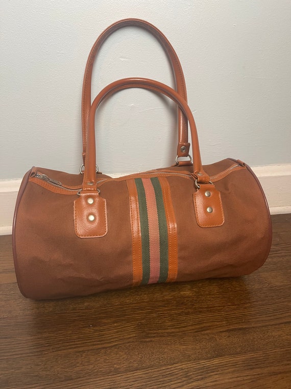 Chocolate Brown Vintage Small Duffel Bag With Gree