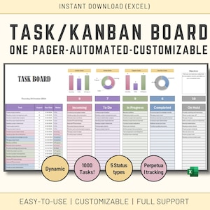 May include: A customizable Kanban board template for Excel. The template is designed to help you manage tasks and projects. It includes columns for incoming tasks, to-do tasks, in-progress tasks, completed tasks, and on-hold tasks. The template also includes a section for tracking objectives and a section for tracking task status. The template is easy to use and customizable. It is also fully supported.
