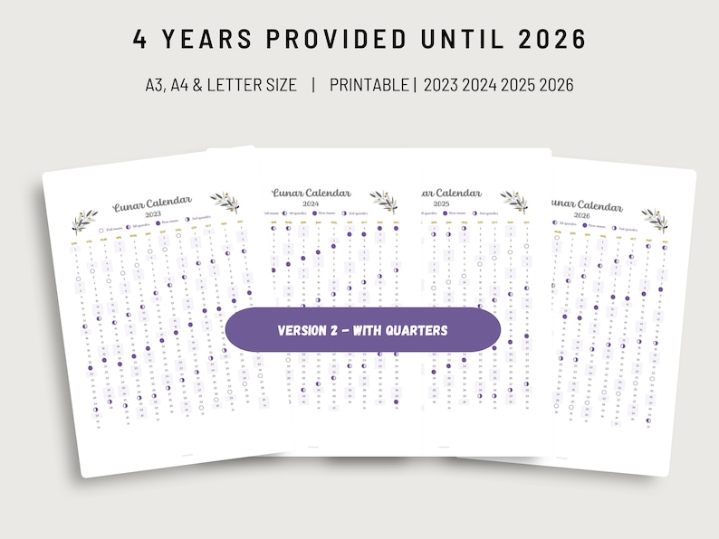2023-2026 Full Moon Calendar, New Moon and Quarters Phases, Minimalist ...