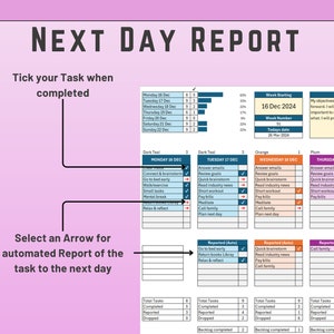 K&ouml;nnte beinhalten: Ein rosa-blauer Tagesplaner mit einer Checkliste f&uuml;r Aufgaben und einem Abschnitt zum Melden abgeschlossener Aufgaben. Der Planer enth&auml;lt einen Kalender, einen Abschnitt f&uuml;r Ziele und einen Abschnitt zur Verfolgung von Aufgaben. Der Planer tr&auml;gt den Titel "Next Day Report".