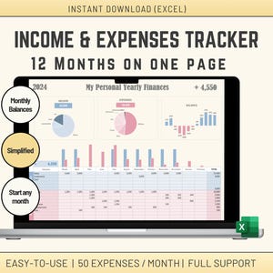 Vereenvoudigde Excel 12 maanden inkomsten- en uitgaventracker, persoonlijke of zakelijke financiën, overzichtsgrafieken, digitale download