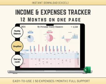 Excel Income and Expense Tracker: 12 Month Finance Template (Digital Download)