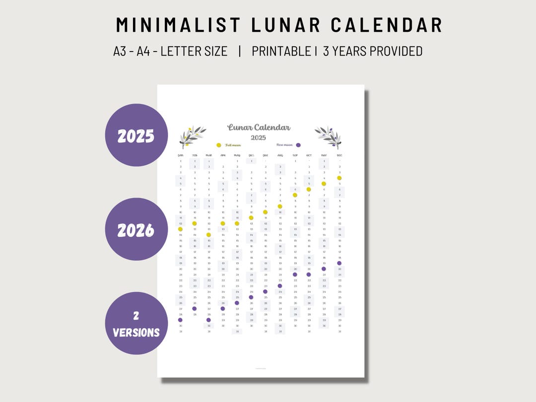 20252026 Full Moon Calendar, New Moon and Quarters Phases, Minimalist