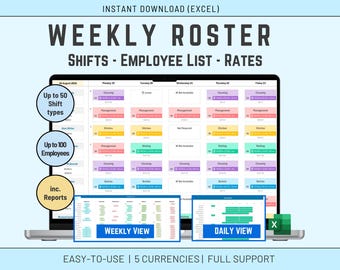 Excel Roster Management Template: Shifts, Employee List and Cost/Rates Calculation, Excel Template for Shift Scheduling Coffee, Restaurant