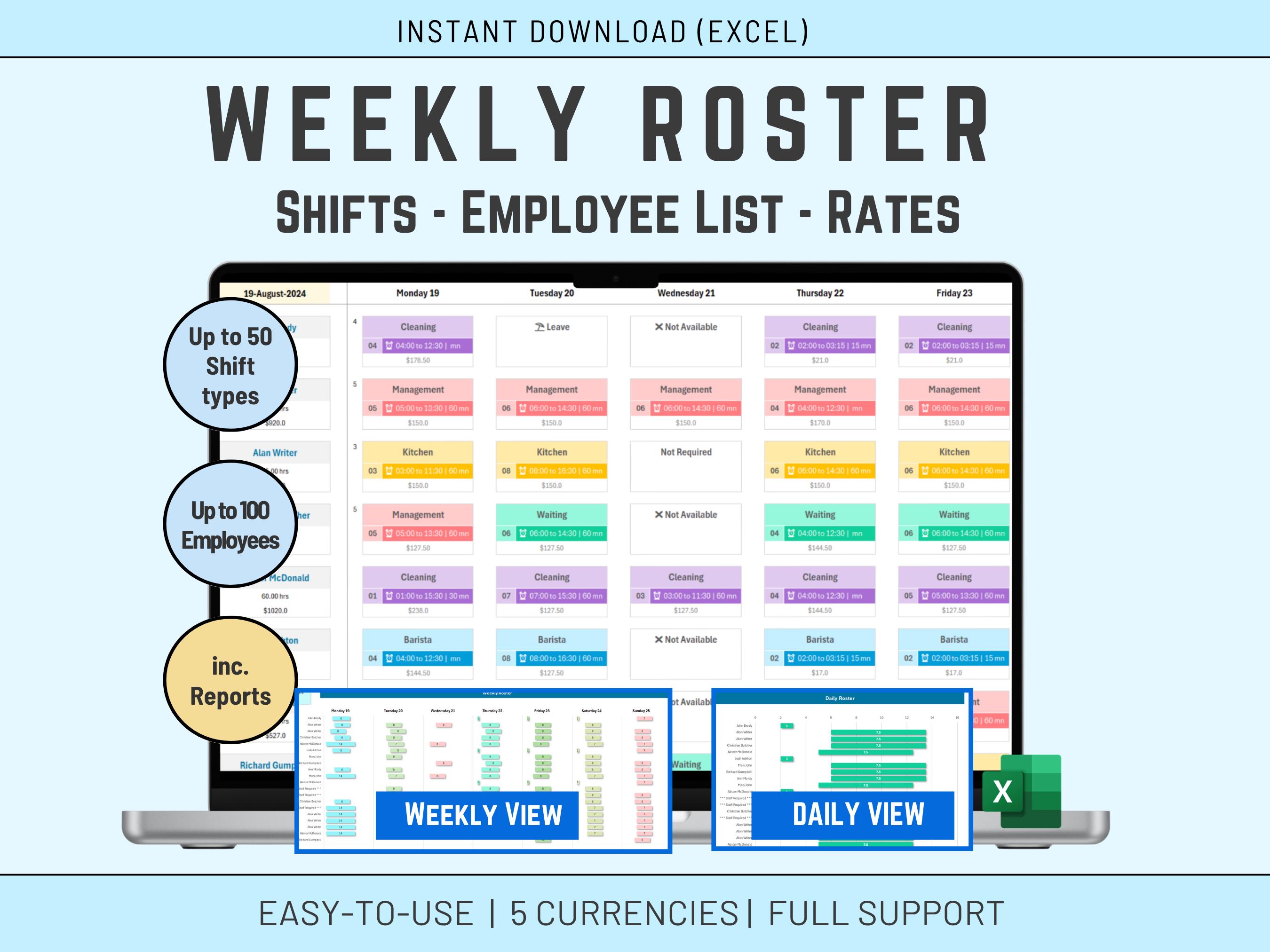 Excel Roster Management Template: Shifts, Employee List and Cost/rates ...