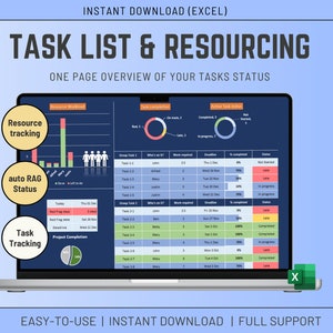 Puede incluir: Una pantalla de computadora portátil que muestra un tablero de gestión de tareas y recursos. El tablero incluye gráficos, diagramas y tablas con datos sobre la finalización de tareas, la asignación de recursos y el estado del proyecto. El tablero se titula "Lista de tareas y recursos" y "Vista general de una página del estado de sus tareas". La computadora portátil tiene un icono de Excel en la esquina inferior derecha.