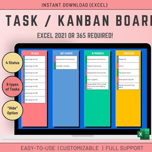 Kanban Board Task List template Excel 365 only Agile Development Project Management Task Tracking and Progress